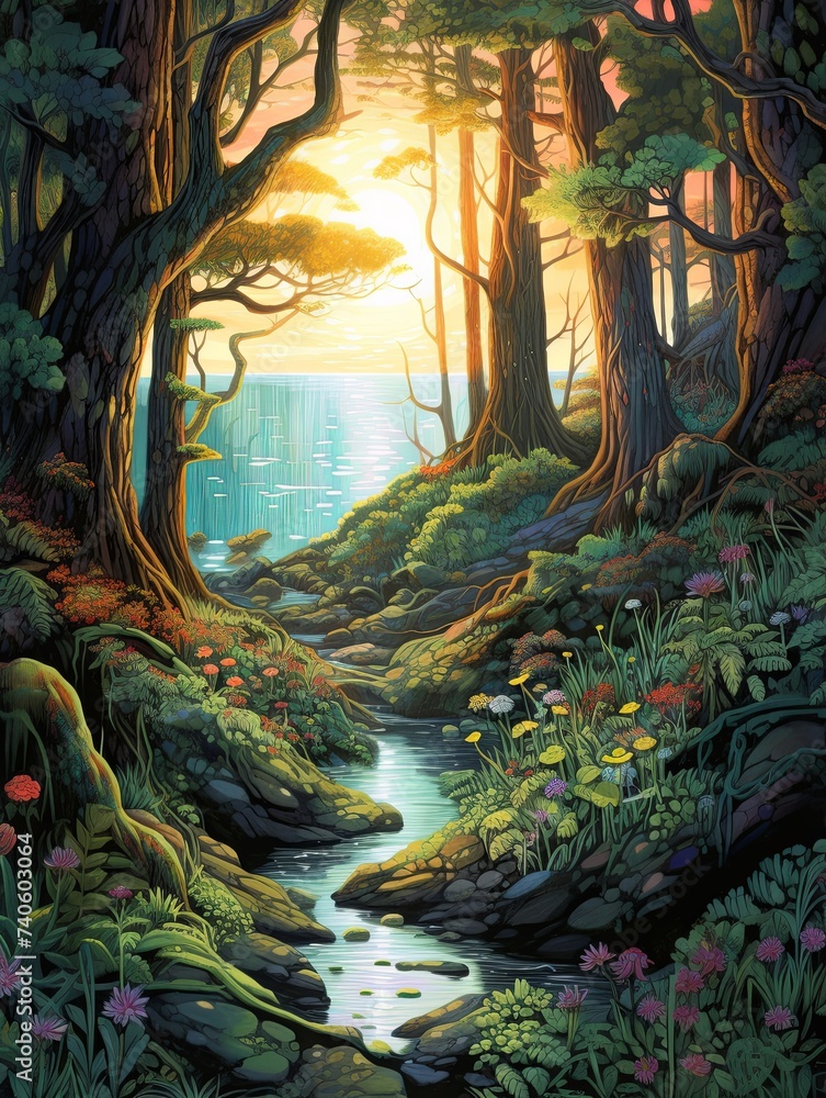 Enchanted Forest Illustration - Seascape Art Print, Forest Coast & Enchanted Oceans