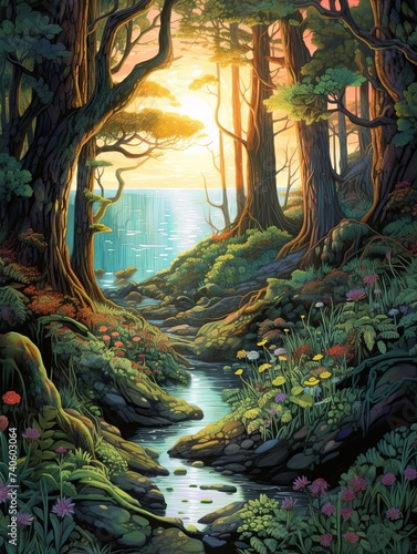 Enchanted Forest Illustration - Seascape Art Print, Forest Coast & Enchanted Oceans