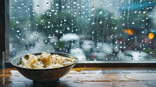 Outside the glass window, it is raining, while inside, on the table, there is a bowl of wontons. The raindrops on the window create a contrast with the warm and inviting bowl of wontons, adding a sens