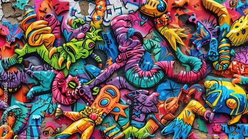 Wallpaper Mural Vibrant colors come alive in this street art mural, expressing the artists creativity through a mix of text and graffiti. Full Frame, Generative AI Torontodigital.ca