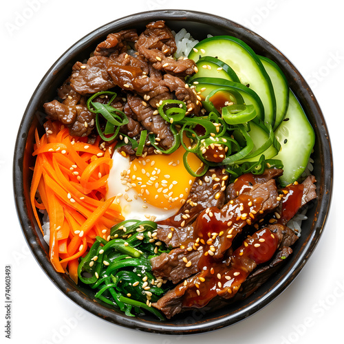 Korean bibimbap bowl with galbi beef and pickled vegetables shot from top view isolated on white Background photo