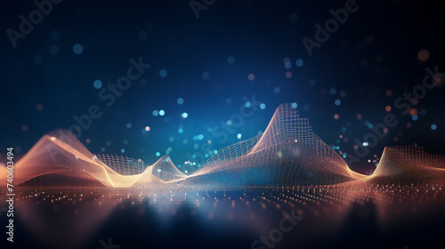 Abstract motion particle wallpaper technology background, futuristic science digital wave illustration in blue and dark concept. Flowing mesh network geometric shape art in dynamic. Ai Generative.