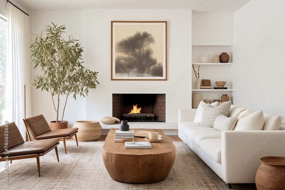 Fototapeta premium Mid-century White Sofa in Serene Bohemian Room With Fireplace