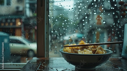 Outside the glass window, it is raining, while inside, on the table, there is a bowl of wontons. The raindrops on the window create a contrast with the warm and inviting bowl of wontons, adding a sens