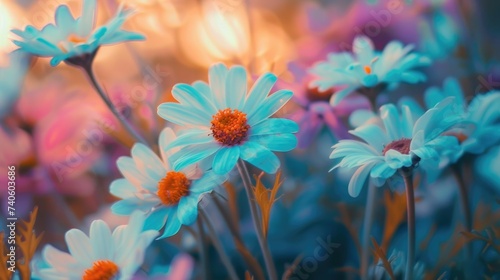 Beautiful colorful flowers in full bloom closeup, sky blue, red, purple, green