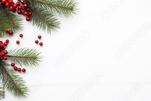 Christmas Composition Flatlay. Festive Holiday Decoration with Spruce Branches, Red Berries