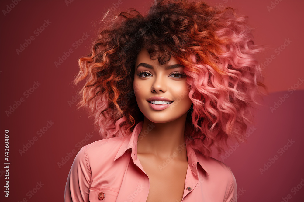 Cool young woman in pink hair, smiles on isolated background . Cool young woman in pink hair, smiles on isolated background .
