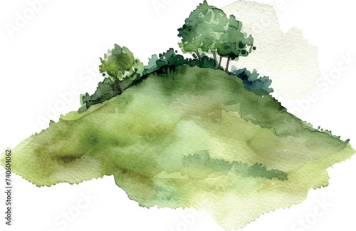 watercolor green hill with forest, trees, isolated 