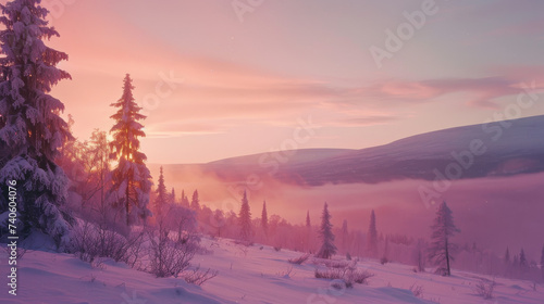 Sunset in nordic landscape. Winter wonderland. 300 dpi