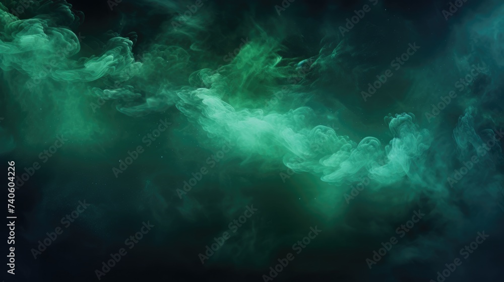 Fantasy Night Sky with Shiny Green Haze and Blue Clouds. Abstract Art Background with Ink Water