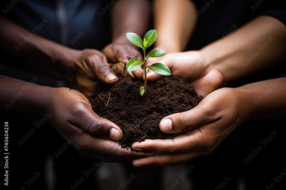 Connecting with nature: A group of hands holding a thriving plant growing out of soil Connecting with nature: A group of hands holding a thriving plant growing out of soil