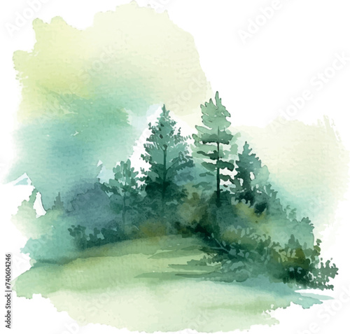 watercolor forest landscape with trees isolated photo
