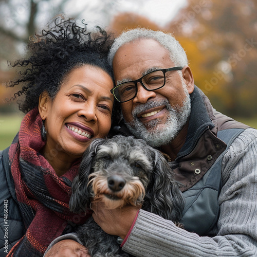 Joyful Togetherness: Portrait of a Happy Mixed Race Senior Couple with Their Beloved Dog in a Serene Park Setting.