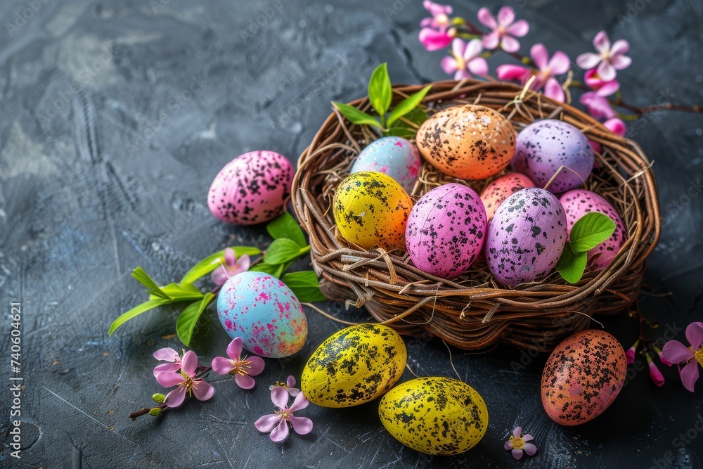 Obraz premium Happy Easter Eggs Basket typing area. Bunny hopping in flower plush pet toy decoration. Adorable hare 3d bunny costume rabbit illustration. Holy week easter festive hunt hallelujah card fellowship