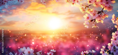 Springtime Canvas - An Artistic Background featuring Pink Blossoms at Sunset, Capturing the Ethereal Beauty of the Season. Made with Generative AI Technology