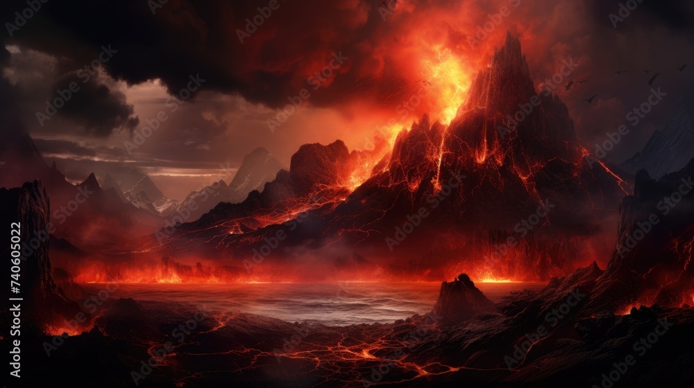 Dramatic Volcanic Landscape - An Erupting Volcano Illuminates the Dark Sky in Bright Flames