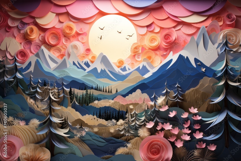Naklejka premium Paper crafting with a landscape background, where intricate paper-cut mountains, Generative AI