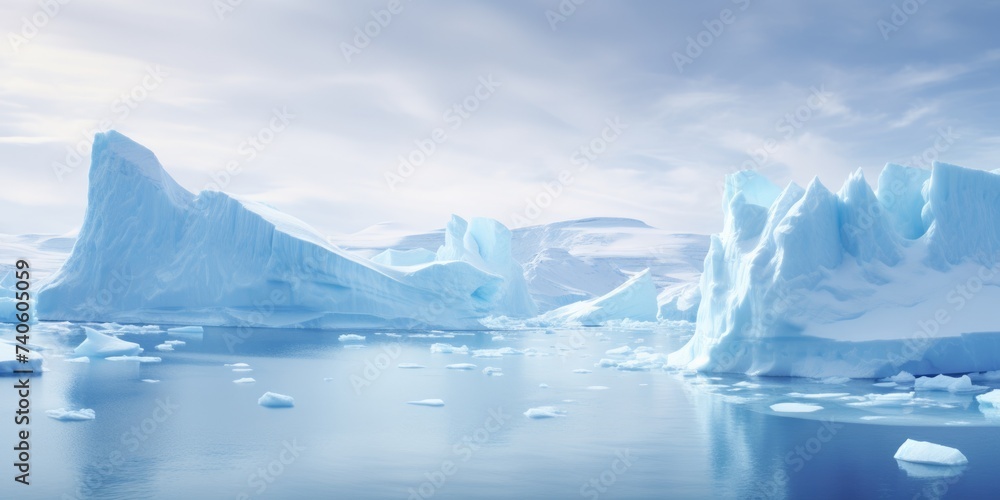 A Multitude of Icebergs in Calm Blue Arctic or Antarctic Waters: A Serene Glimpse of Silence Amidst