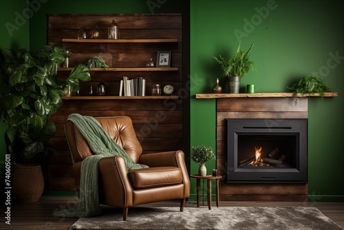 Green Wall Living Room: Fireplace, Leather Armchair, and Wood Decor Oasis