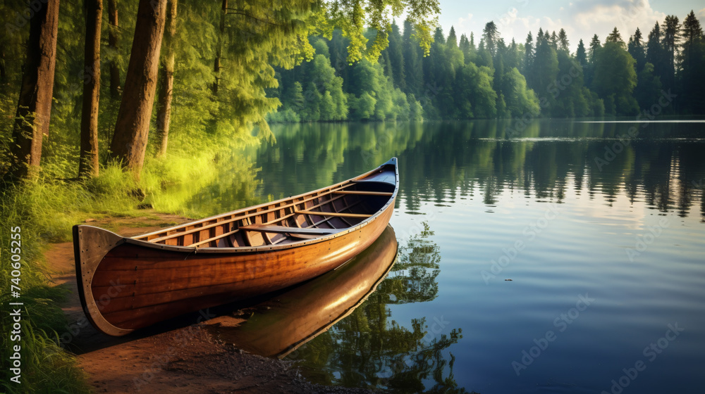 Wooden boat with oars on the shore of a forest.