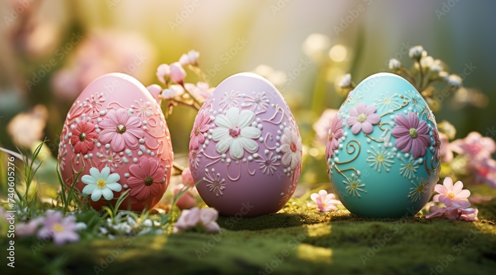 easter eggs are sitting on the grass with flowers easter eggs are sitting on the grass with flowers