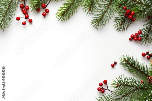 Christmas Composition with Spruce Branches  Red Berries and Space for Text on White Background.