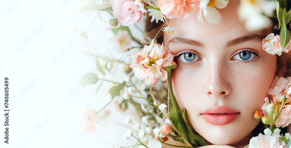 Beautiful model's face with clean fresh skin and natural make up framed in tender flowers banner. Women's Day. Spring skin care. Cosmetology, beauty salon, spa. Cosmetics store advertising. Copy space