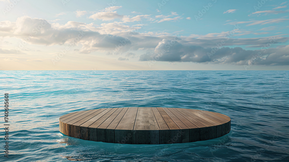 Wooden podium in the middle of the sea. - obrazy, fototapety, plakaty 