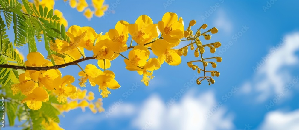 Vibrant yellow flowers blooming beautifully against a clear blue sky