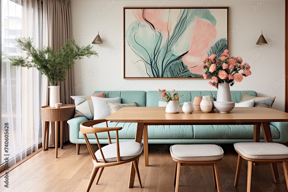 Wooden Dining Table, Sofa and Mint Chair: Stylish Home Decor Combo