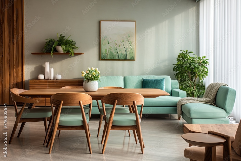 Fototapeta premium Wooden Dining Table Sofa and Mint Chair: Charming Home Decor Setup