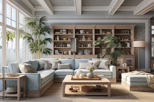 Coastal Style Living Room Interiors: Spacious Design and Grid Shelving Patterns