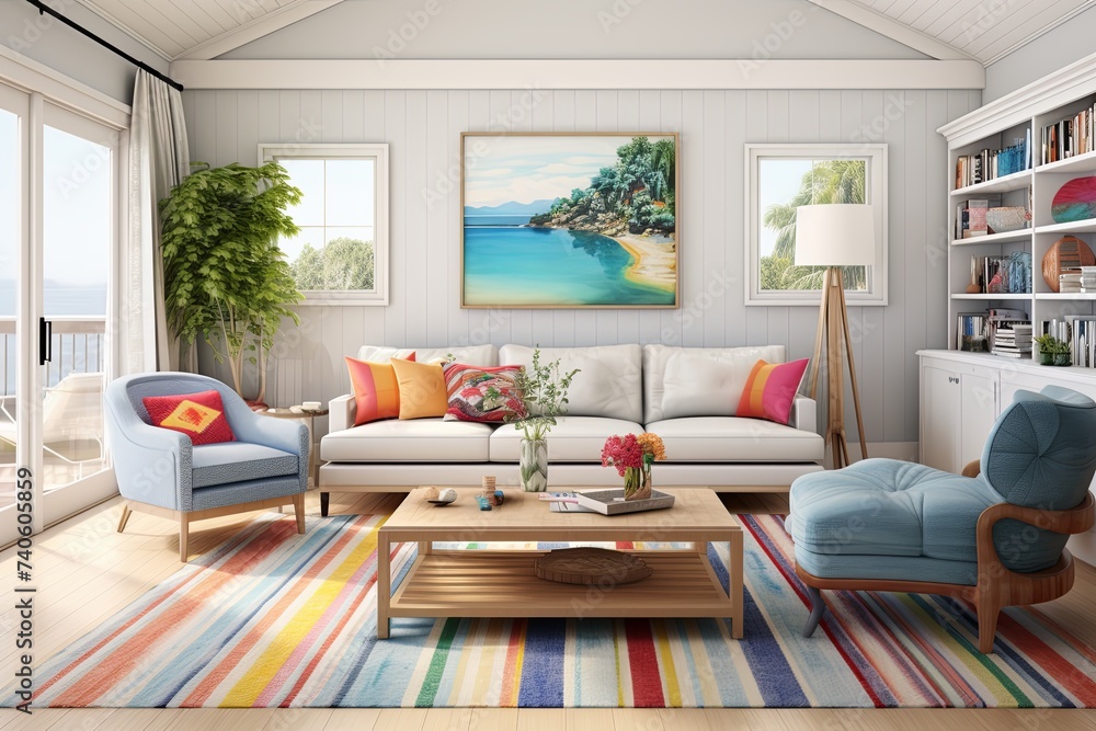 Fototapeta premium Coastal Style Drawing Room: Vibrant Rug & Contemporary Layout Interiors