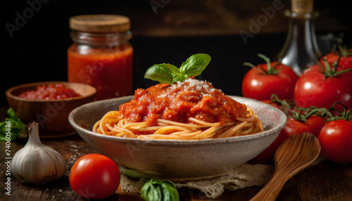 A bowl of Pasta Pomodoro with penne, plum tomatoes, and basil on a table