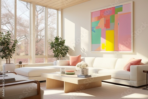White Sofa Mid-century Room  Pastel Colors and Big Windows Interior Design