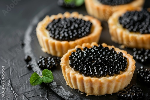Top view of black caviar tartlets on black background with selective focus