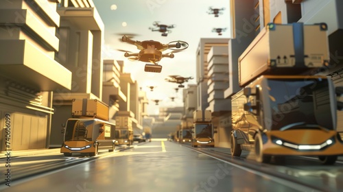 Sistema di consegna completamente automatizzato, con droni e veicoli autonomi photo