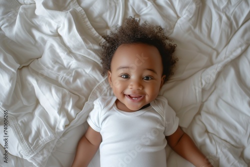 Top view portrait of adorable black baby laughing on bed wearing white bodysuit and looking at camera with copy space
