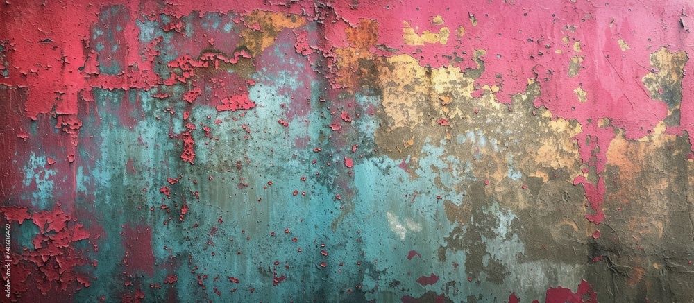A photograph showcasing a wall with a vibrant abstract metal texture against a grungy background.
