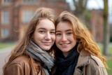 Two female university students posing happily outside on campus for a college education portrait