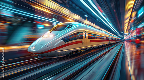 High-speed train in motion, modern technology. Generative AI.