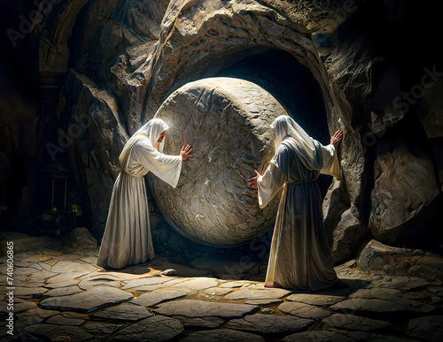 An Angel rolling away the tomb to the tomb of Jesus photo
