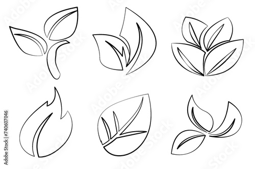 Vector illustration featuring a collection of six different leaf designs in black and white, ideal for spring-themed graphics