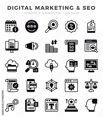 Digital Marketing & SEO. Lineal Filled icons Pack. vector illustration.