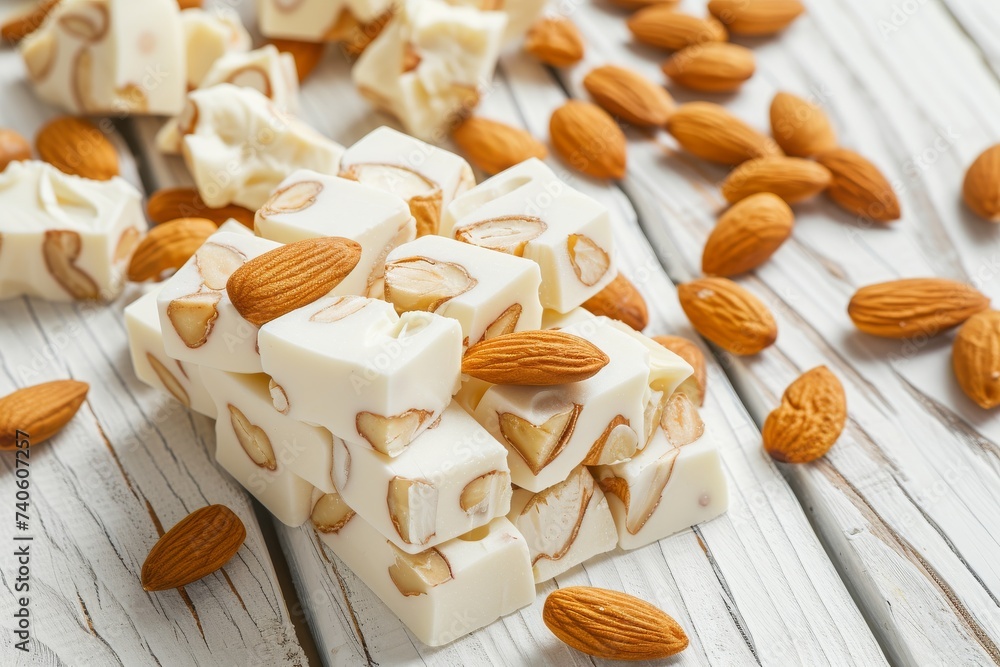 White nougat with almonds on wooden background white nougat pieces White nougat with almonds on wooden background white nougat pieces