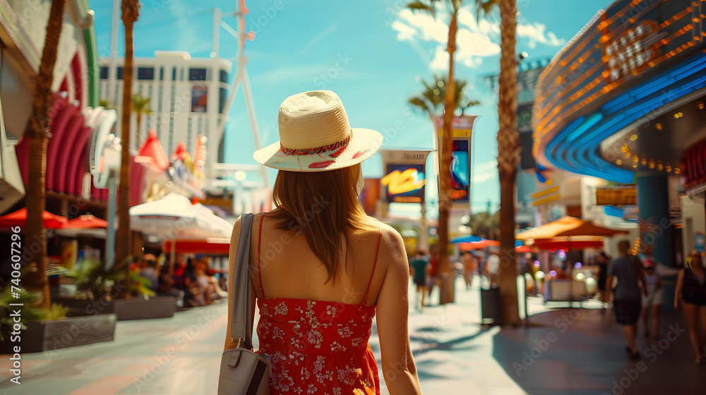 Beautiful tourist young woman walking in Las Vegas city street in Nevada, USA, tourism travel holiday vacations concept in United States of America