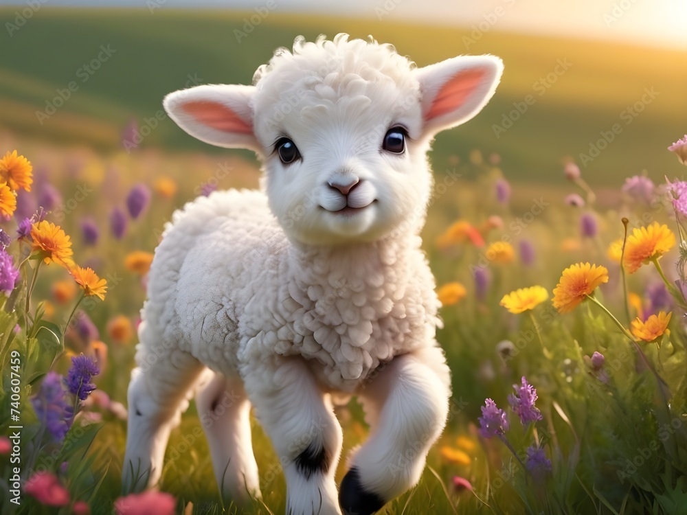 Fototapeta premium Playful Baby Lamb Running Through Wildflowers, Cute baby animal wallpaper, Beautiful baby sheep, Cute baby animals for kid's room wall art, wall decoration arts for kid's room