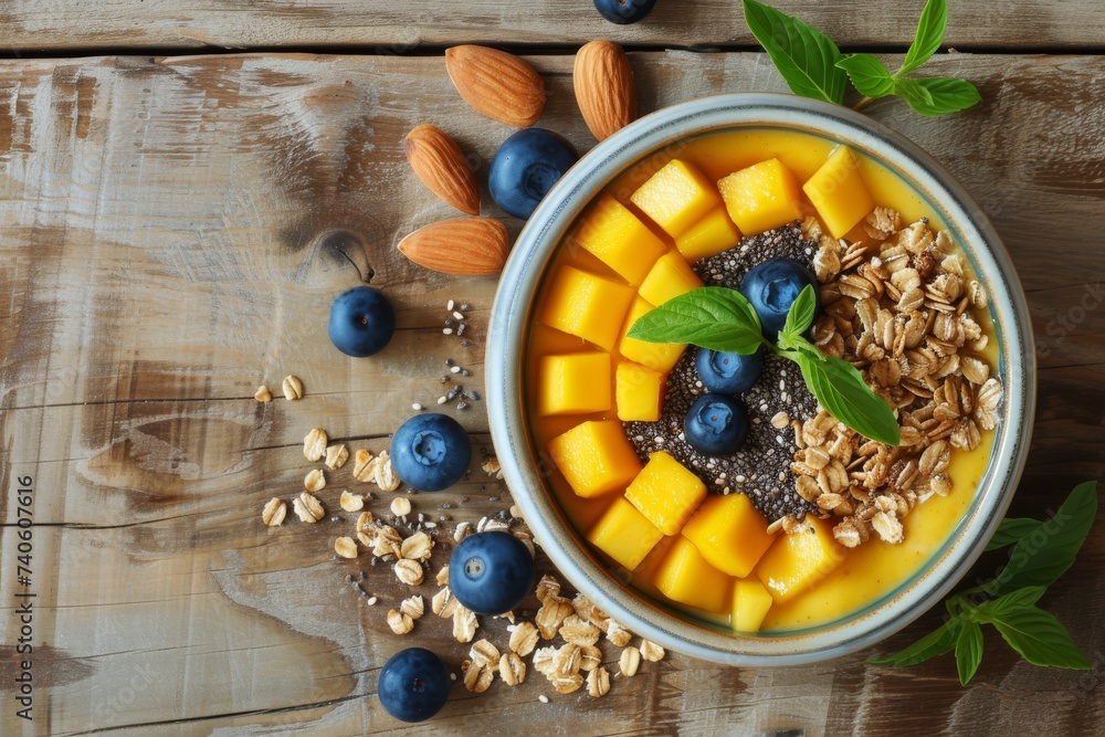 Wooden background with mango smoothie bowl topped with blueberries granola chia seeds and almonds Wooden background with mango smoothie bowl topped with blueberries granola chia seeds and almonds