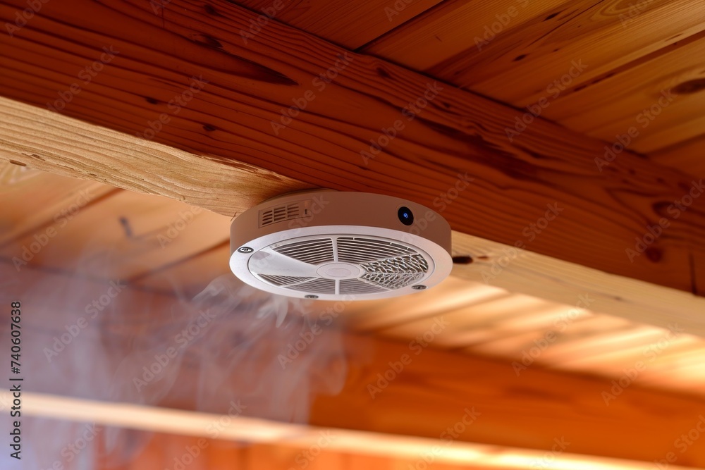 Wooden house with smoke and carbon monoxide detectors or Detectors for smoke and carbon monoxide in a wooden house - obrazy, fototapety, plakaty 
