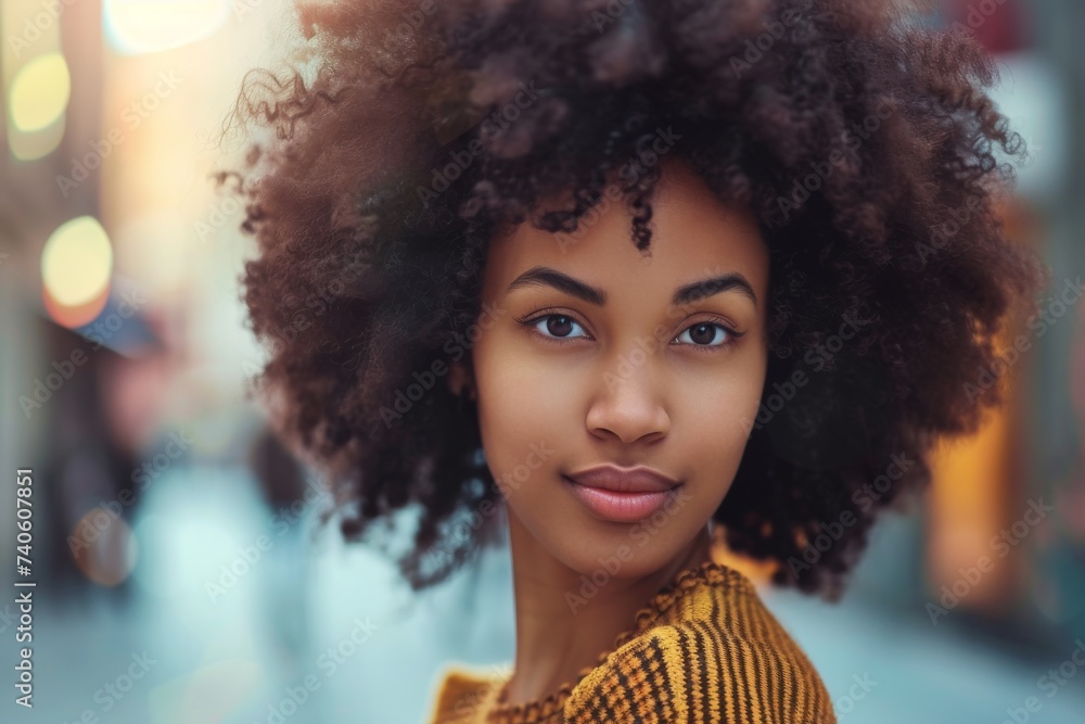 Young black woman with afro hairstyle in urban setting portrayed in a portrait Young black woman with afro hairstyle in urban setting portrayed in a portrait